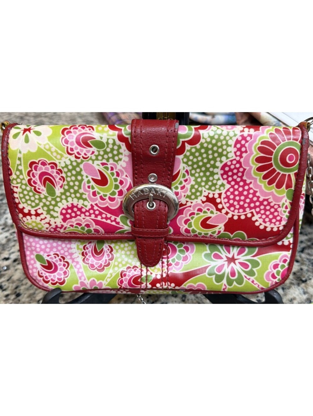 Vintage Y2K Hadaki Paisley Crossbody Bag Pink Green Floral Coated Canvas Buckle